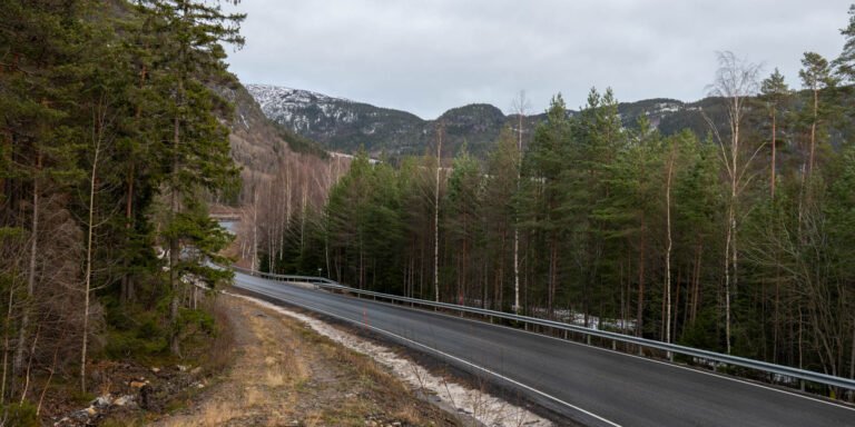 Riksveg 9 i Lauvdalssvingen, med Postvegen til venstre oppover i skogen. Foto.