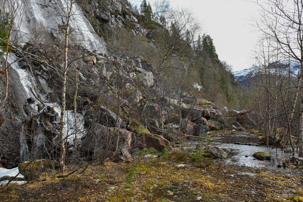 Eit svært steinras ligg tvers over gamlevegen i Bjoneskleivi. Foto.