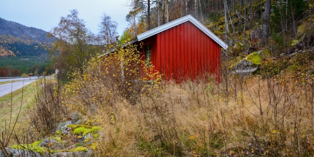 Den gamle vegtraseen like sør for husa i Lunden bnr. 6. T.v. setesdalsvegen 1958–2022. Lengst t.v. Riksveg 9. Foto.