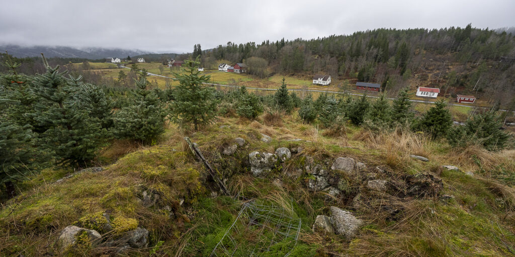 Stogetufta på Rindane 5. november 2025. Nedanfor ser me gardane på Abusland. Foto: