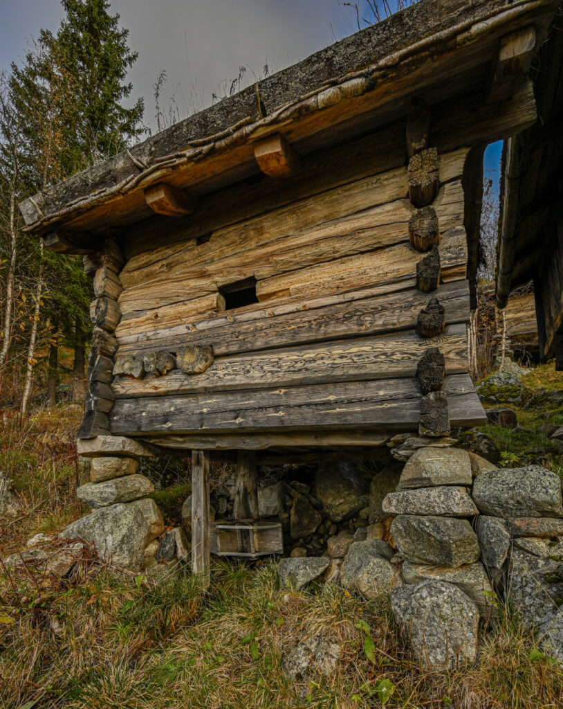 Baksida av kvernhuset med kvernkallen under huset. Foto.