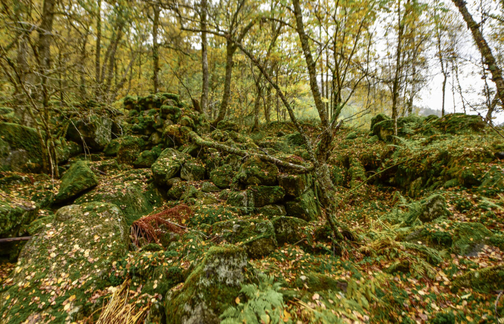 Kverntufta etter Handelandkverna (t.h.) og restar av oppbygd vassrenne av naturstein (t.v.) Foto.
